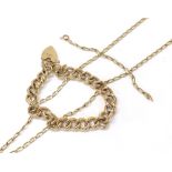 9ct curb link bracelet with a padlock clasp, also 9ct necklet and spare chain, 30.7gm