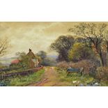 Henry Charles Fox R.B.A. (1860-1929) - Country lane with duck and chickens beside a cottage,