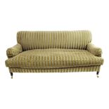 Good George Smith deep three seater settee, with striped velvet upholstery upon turned front feet,