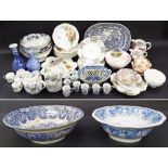 19th century blue and white transfer printed pottery basin decorated with an Oriental river scene;