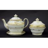 New Hall - teapot on stand, 6.75" high, and sugar box in pattern no. 264 (3)