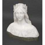 Art Nouveau white marble bust of a maiden, with foliage in her hair, wearing a floral smock upon a