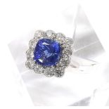 Large impressive 18ct white gold tanzanite and diamond cushion shaped cluster ring, the tanzanite of