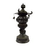 Oriental bronze censer with a pagoda top, 16" high