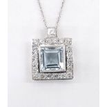Square aquamarine and diamond pendant set in 18ct white gold, the aquamarine estimated 2.14ct