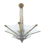 Art Deco gilt metal two tier chandelier, inset with frosted glass panels, 35" diameter, 49" high