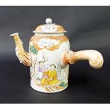Chinese export porcelain famille rose chocolate pot, decorated with figural scenes within foliate