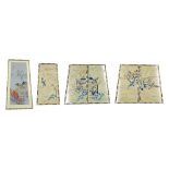 Group of five Chinese silkwork embroidered pictures depicting figures in pagoda and traditional