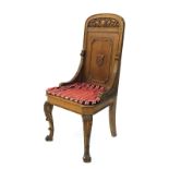 19th century tall back oak hall chair, the panelled armorial crest back with scroll detail over a