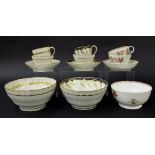 New Hall - three tea bowls and coffee cups with saucers and bowls in pattern nos. 594, 248 and