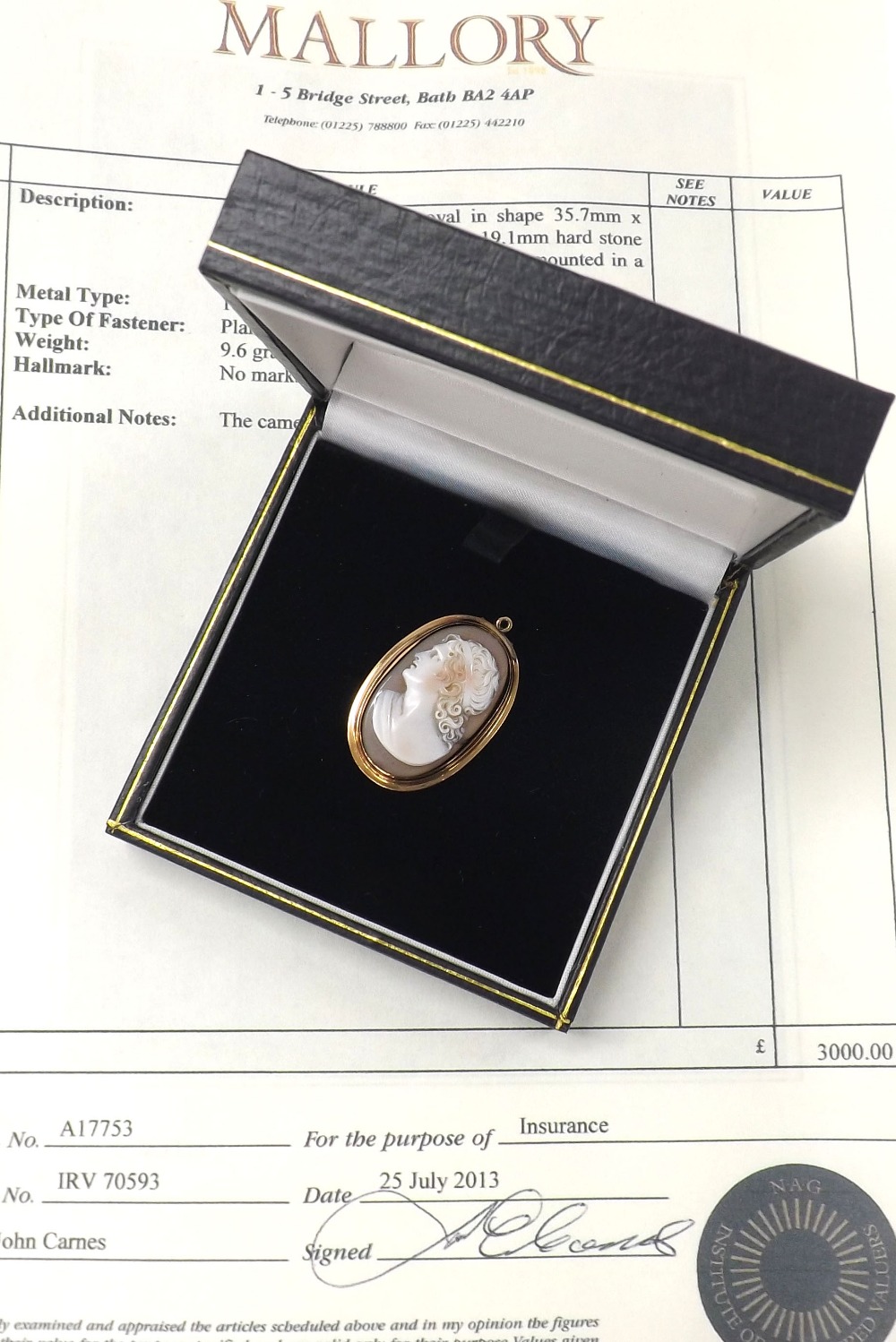Fine antique oval cameo signed Morelli, carved with the profile of a Classical lady's head, within - Image 3 of 3
