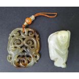 Chinese pierced carved jade pendant, 2" x 1.75"; also a primitive carved jade pendant of a crouching