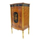 Attractive French satinwood bowfront side cabinet, painted panels of floral sprays on an ebonised