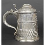 George I silver dome top lidded tankard, of cylindrical tapered form with a scroll handle and