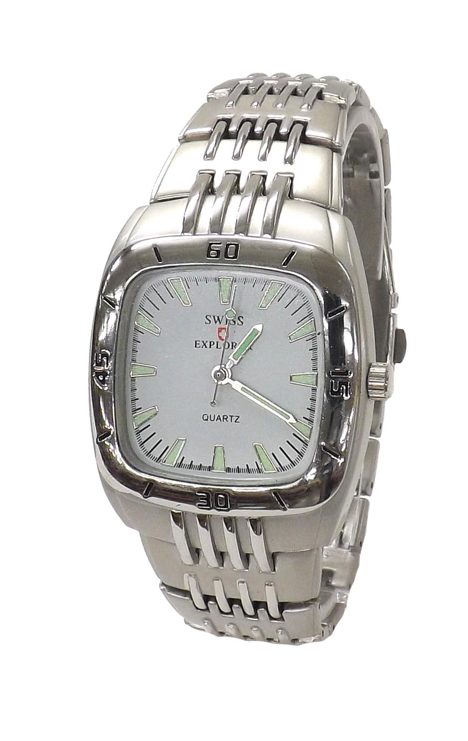 Swiss Explorer square cased stainless steel gentleman's bracelet watch, ref. S-4061, white dial with - Image 2 of 3