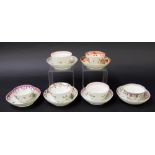 New Hall - six tea bowls with saucers in pattern nos. 791, 605, 599, U61, 295 and 618 (12)