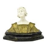 French Art Nouveau ormolu and bisque porcelain bust, modelled as a young lady wearing a stylised