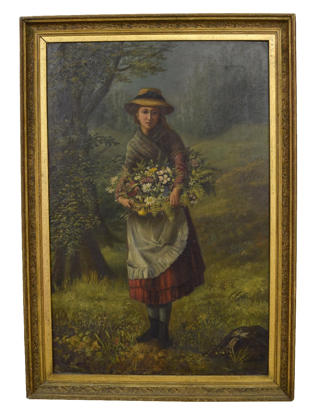 English School (19th century) - Country girl holding a basket of flowers, oil on canvas, 36" x 23" - Image 2 of 3