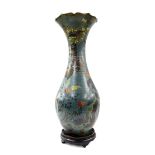 Japanese tall cloisonne vase, with bird, flower and fruit decoration, 26" high, upon hardwood