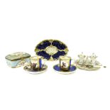 Meissen blue enamel glaze and gilt oval porcelain dish, blue crossed swords mark, 8" wide; French