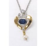 Sapphire, diamond and pearl heart shaped pendant on a slender 9ct white gold chain, the pendant 20mm