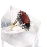 Diamond and garnet 9ct marquise shaped cluster ring, 20mm x 12mm, 3.0gm, ring size L (ex 2017)