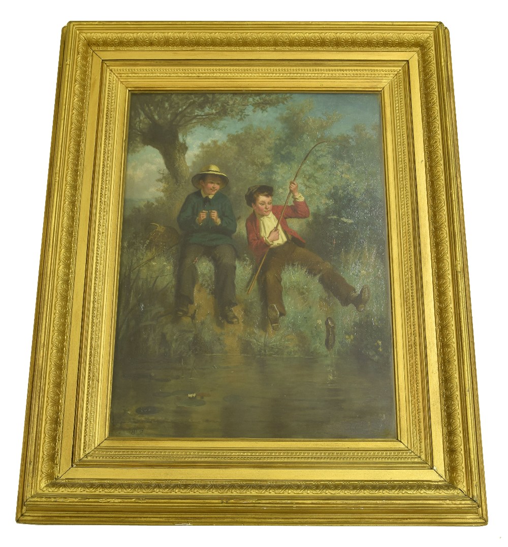 John Henderson (1860-1924) - Boys fishing beside a stream, signed with a monogram and dated 1879, - Image 2 of 4