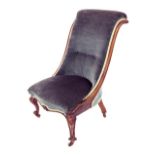 Victorian rosewood upholstered nursing chair, upholstered in blue Draylon on rococo style cabriole