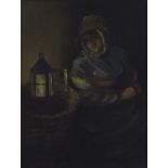19th Century Dutch School - Interior study of a seated lady in a bonnet beside a lantern, oil on