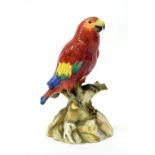 Meissen porcelain model of a parrot, modelled perched upon a naturalistic base, in shades of red,