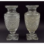 Good pair of quality cut glass baluster vases upon square star-cut bases, 12" high (faults to one)