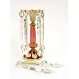 Bohemian 19th century cranberry white overlaid glass lustre, 11.5" high (two lustres require re-