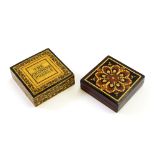 Tunbridge Ware - two puzzle boxes, containing one wood puzzle, the other bone, 2" square (2)