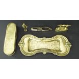 18th century Dutch brass and copper tobacco box with engraved decoration, 6" long; together with a