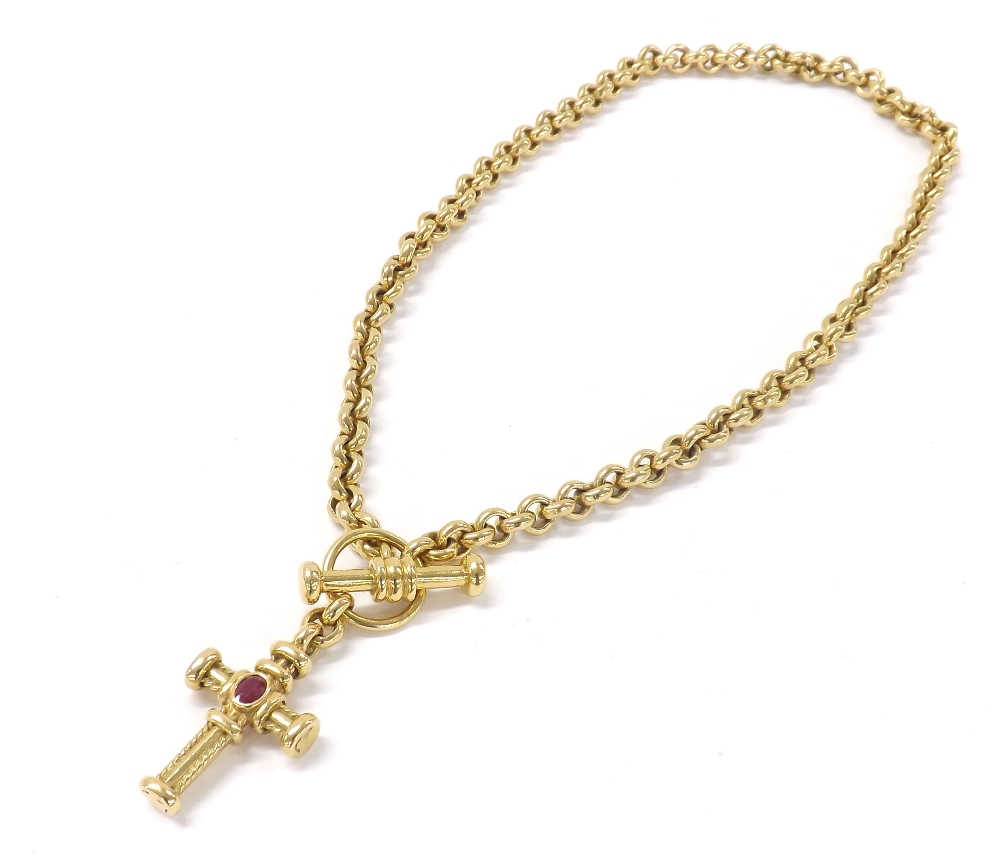 Heavy 18ct belcher necklet and cross pendant, the pendant set with an oval ruby?, 127.4gm, the - Image 2 of 2