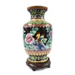 Chinese cloisonne baluster vase, with flower and bird decoration, 15" high, upon hardwood base