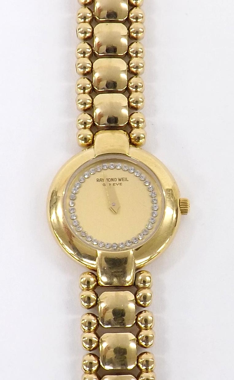 Raymond Weil Geneve 18k gold plated lady's bracelet watch, ref. 5839, champagne and diamond set