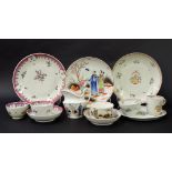 New Hall - part tea set comprising tea bowl, saucer, milk jug and sandwich plate in pattern no. 421;