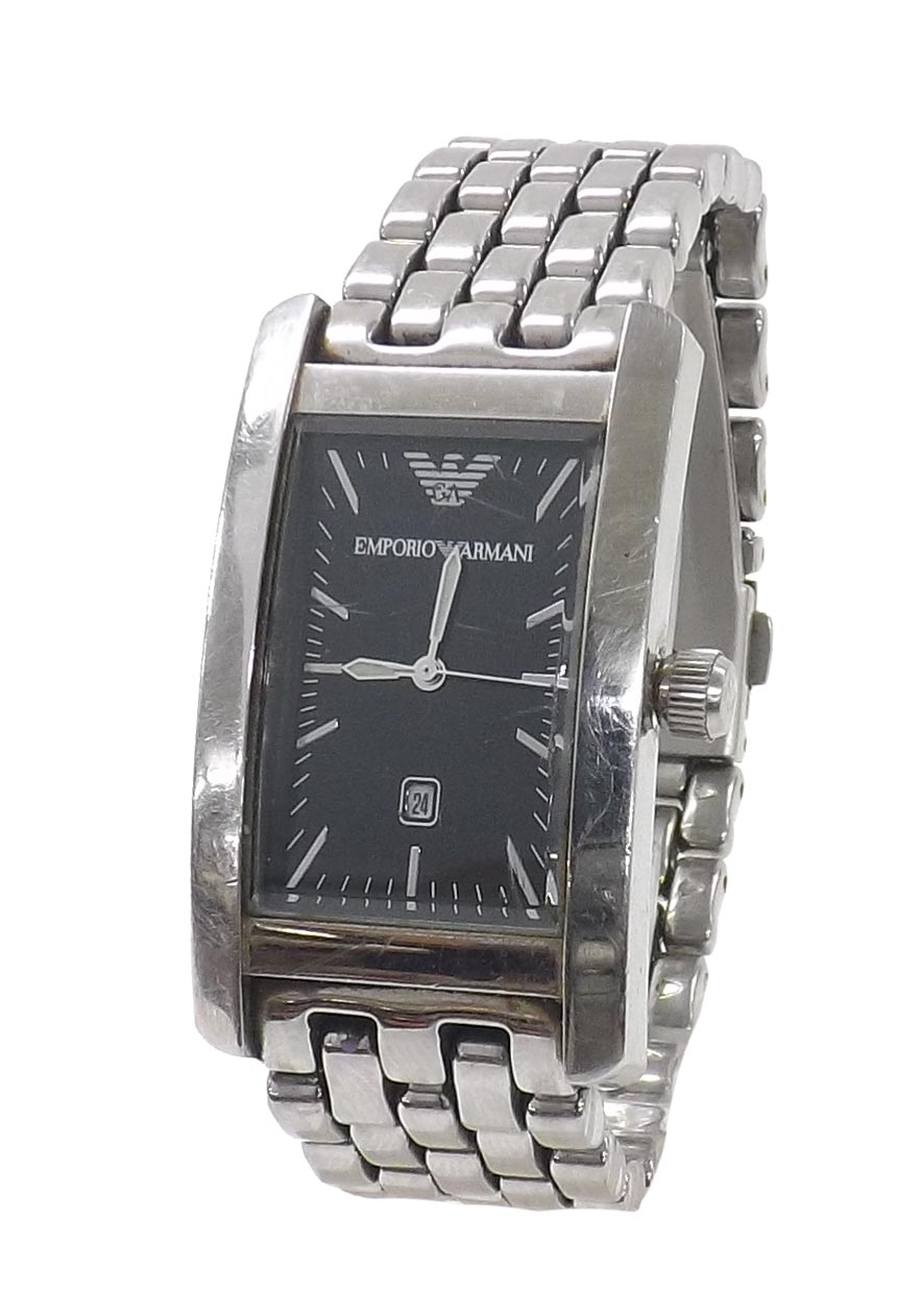 Emporio Armani rectangular stainless steel gentleman's bracelet watch, black dial with baton