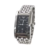 Emporio Armani rectangular stainless steel gentleman's bracelet watch, black dial with baton