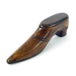 Georgian novelty treen snuff box in the form of a shoe, with pin-work decoration and detachable