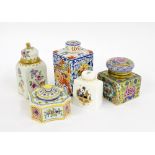 Samson porcelain armorial lidded tea caddy, 4.5" high; together with a square faience tea caddy,