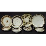 New Hall - four coffee cans/cups with saucers and dessert plates in pattern nos. 408, 635, 607 and