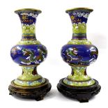 Pair of Chinese cloisonne vases, decorated with five claw dragons chasing a flaming pearl, in yellow