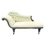Victorian chaise longue in pale beige diamond pattern button-back upholstery, mahogany scrolling