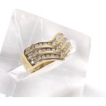 9ct yellow gold diamond three row wishbone ring, 2.9gm, ring size L (ex 2009)