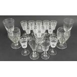 Antique and later drinking glasses to include four rummers, set of twelve cut and etched sherry