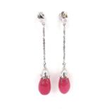 Pair of white metal red gem set and diamond drop earrings, 8.9gm, drop 60mm (133731-2-A)