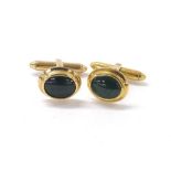 Pair of 14ct oval cufflinks inset with green jade, stamped 585, 7.8gm, 14mm x 12mm (133529-2-A)