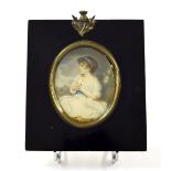 Miniature - Portrait of a girl in a white dress, signed Smart, laid on ivory, 3.5" x 2.5", ebonised
